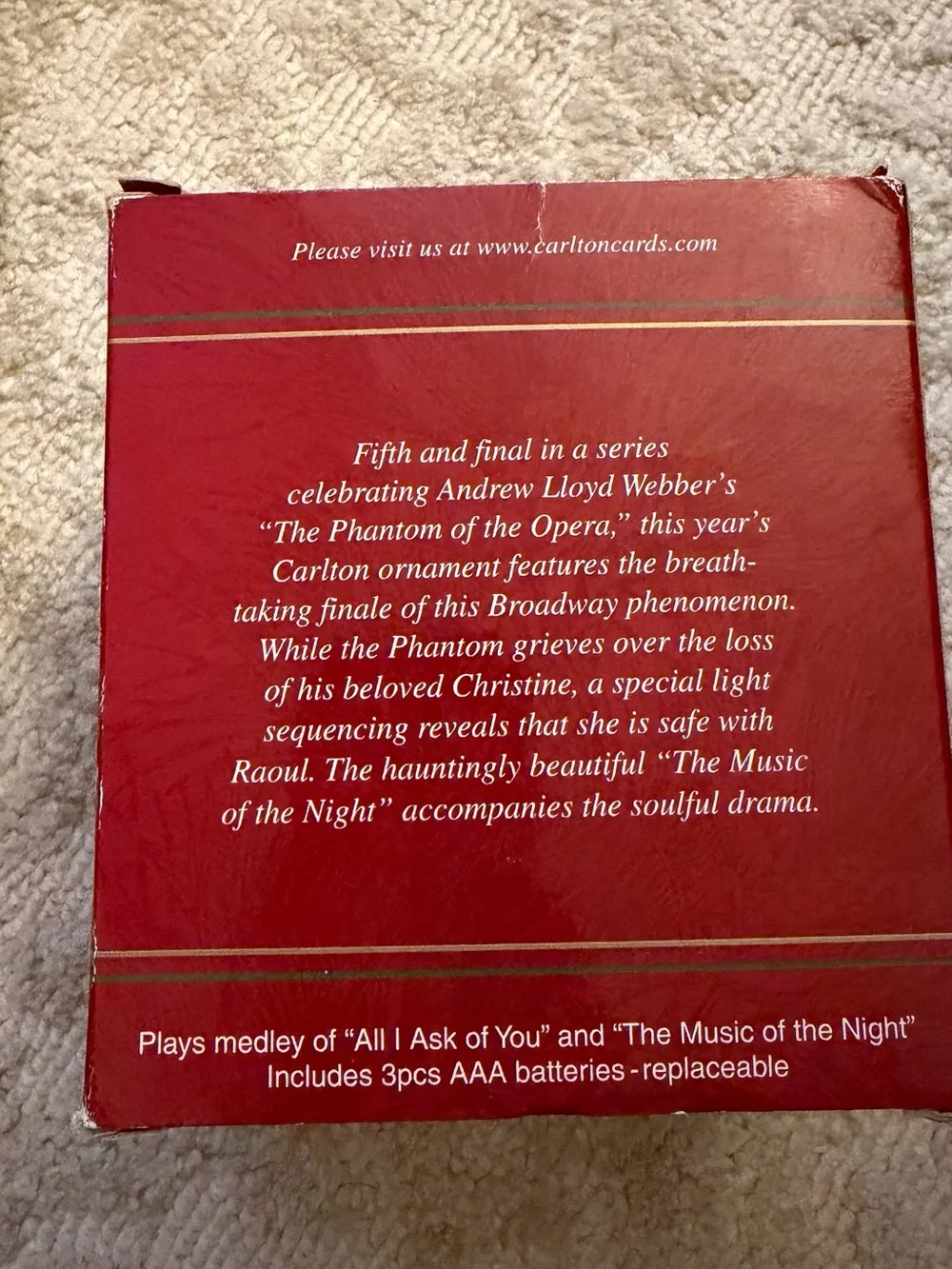 The Phantom of the Opera Ornament 2003 Carlton Cards